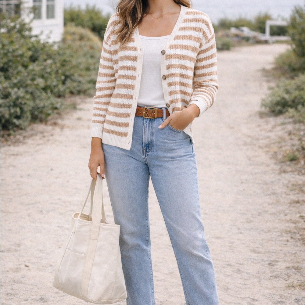 Madewell Cream and Tan Striped Cardigan